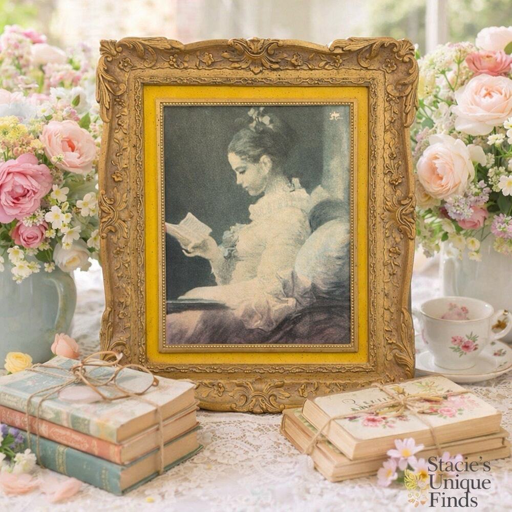 Vintage Ornate Gold Framed Art Young Girl Reading Home Interiors